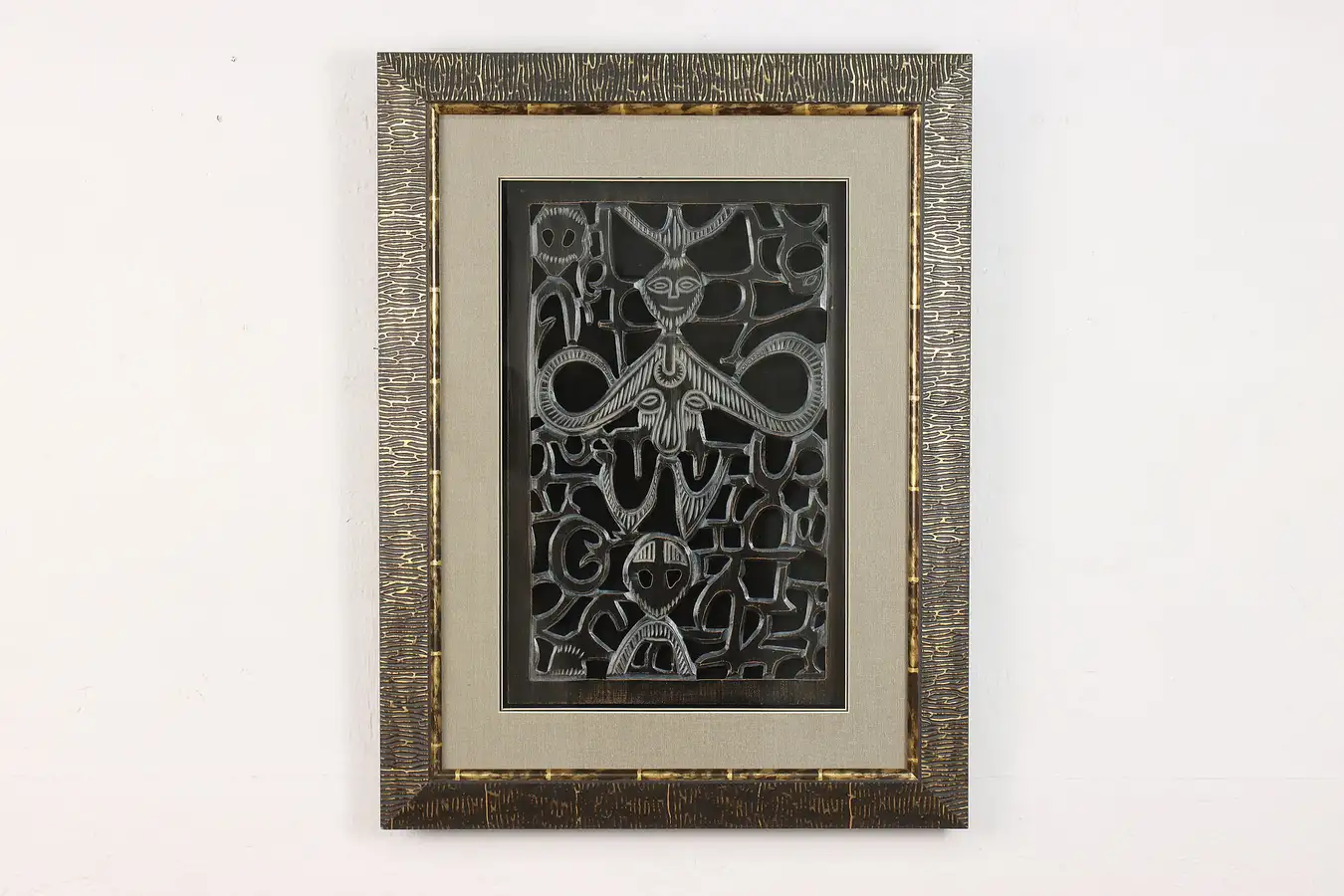 Main image of African Vintage Carved Figures Fragment in Shadowbox 25"