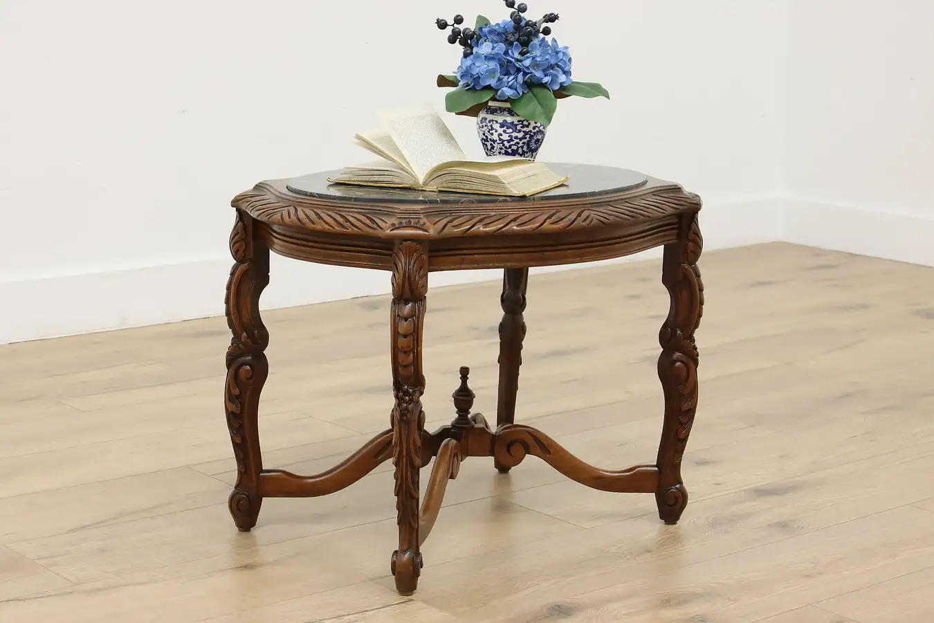 Main image of Oval Vintage Carved Walnut & Black Marble Coffee Table