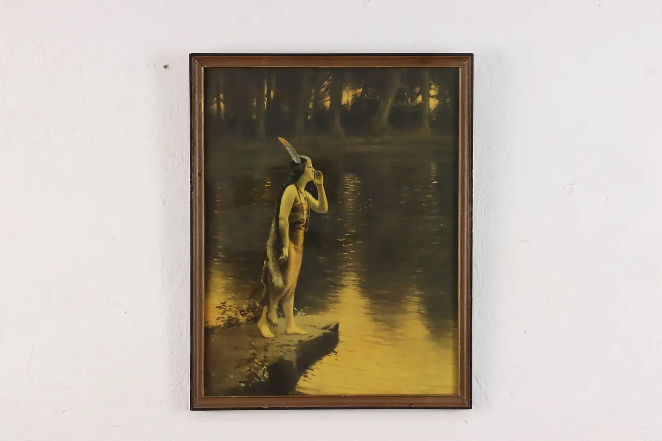 Main image of Native American Woman Calling Antique Framed Lithograph 14"