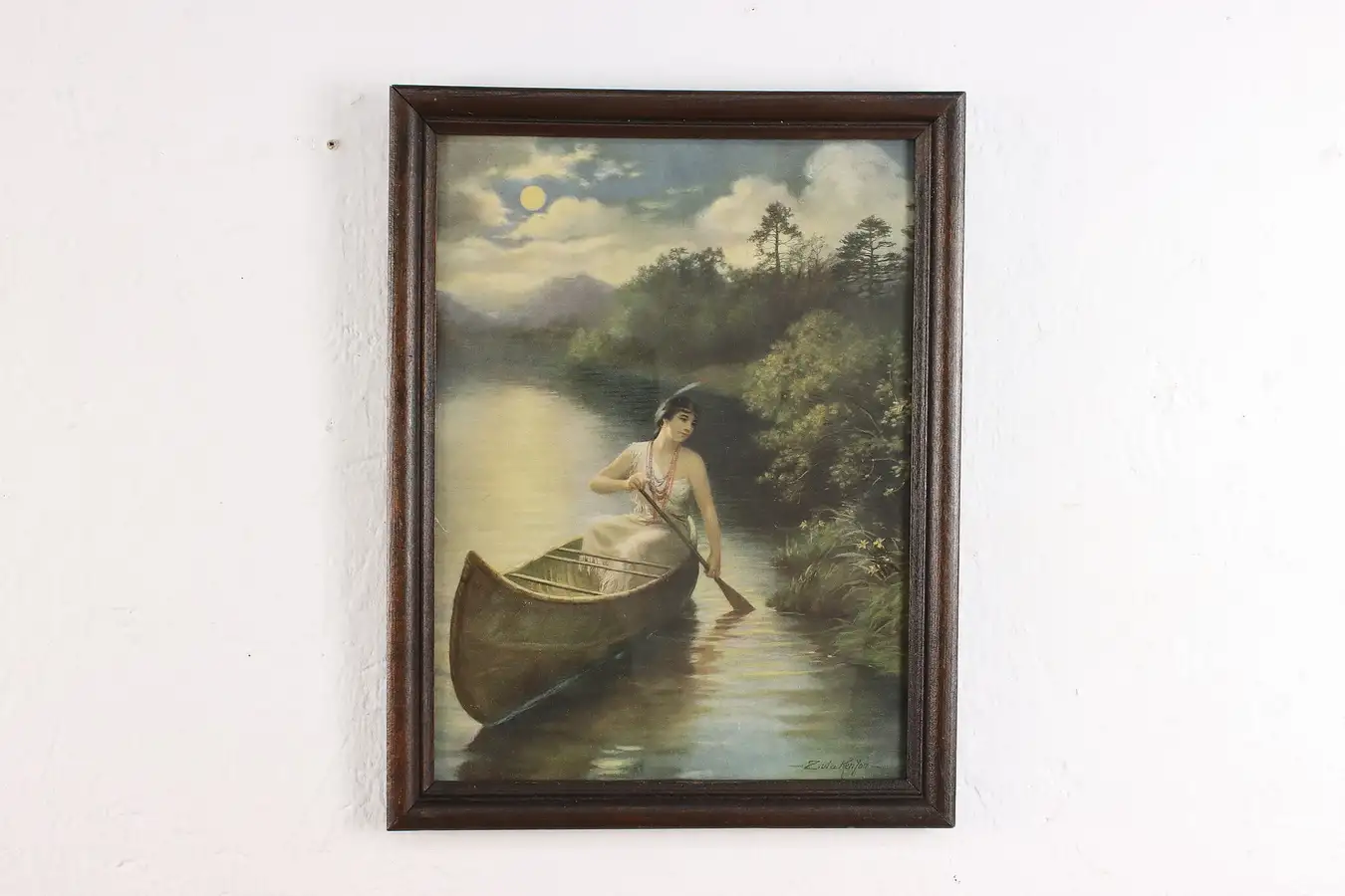 Main image of Indian Woman in Canoe Antique Framed Art Print Kenyon 13.5"