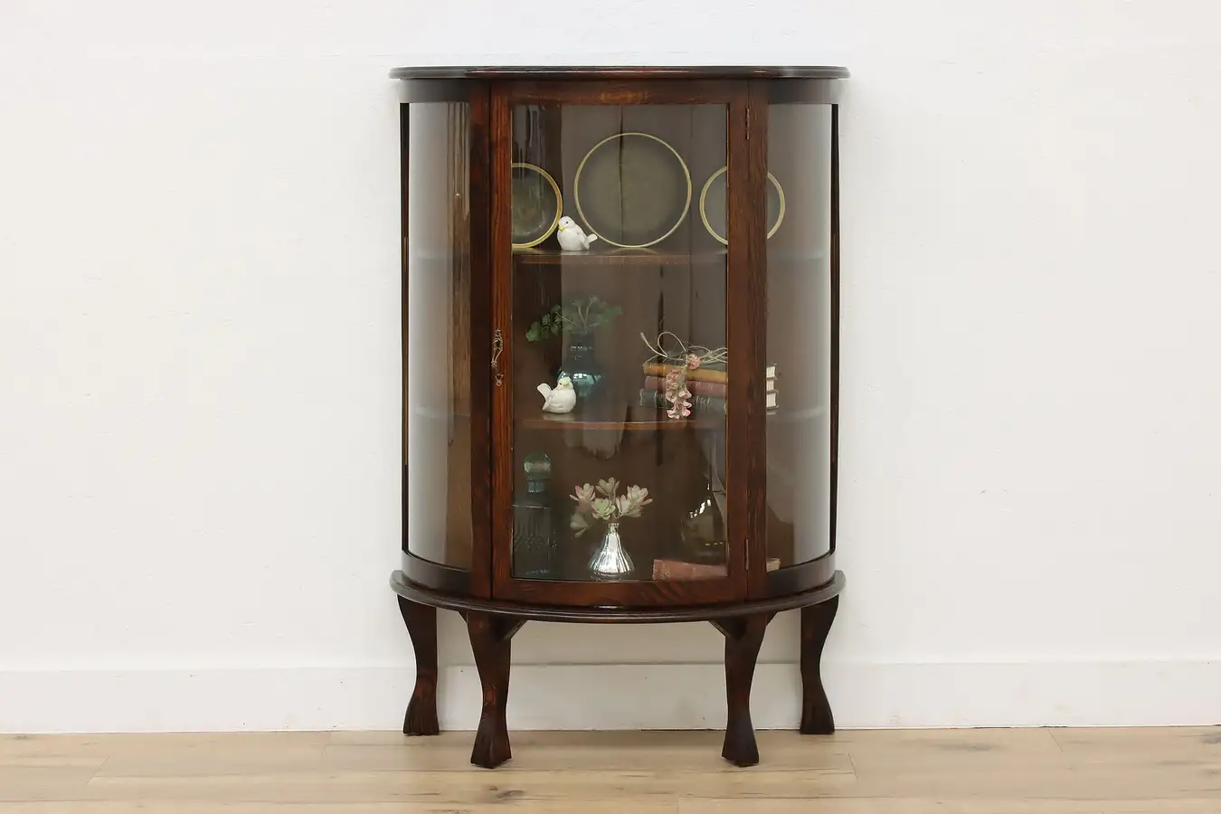 Main image of Victorian Vintage Oak & Curved Glass Curio Display Cabinet
