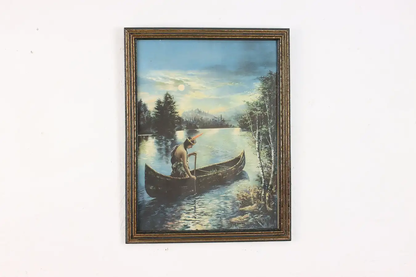 Main image of Woman in Canoe Antique Framed Lithograph 18"