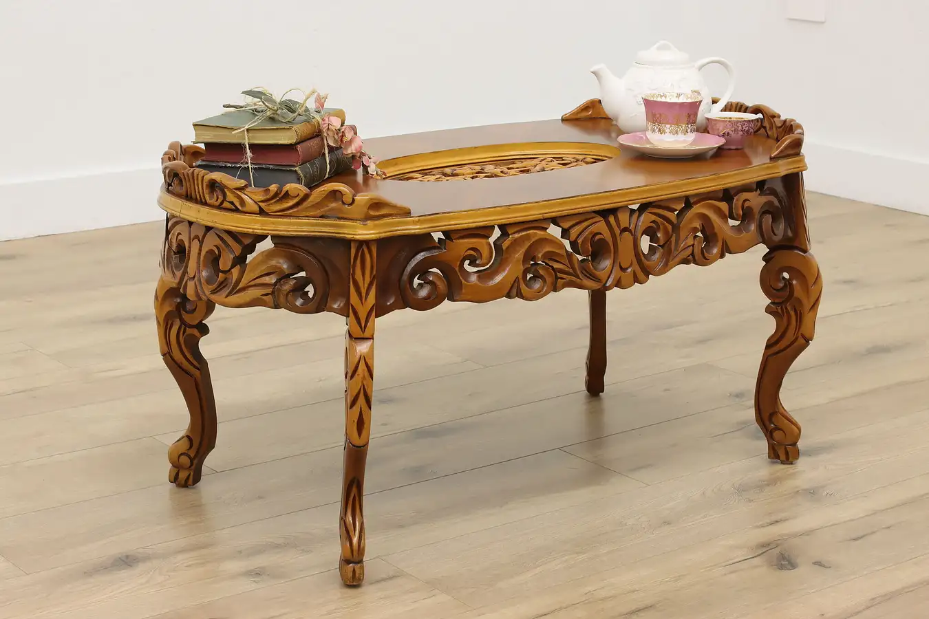 Main image of French Design Vintage Carved Walnut & Birch Coffee Table
