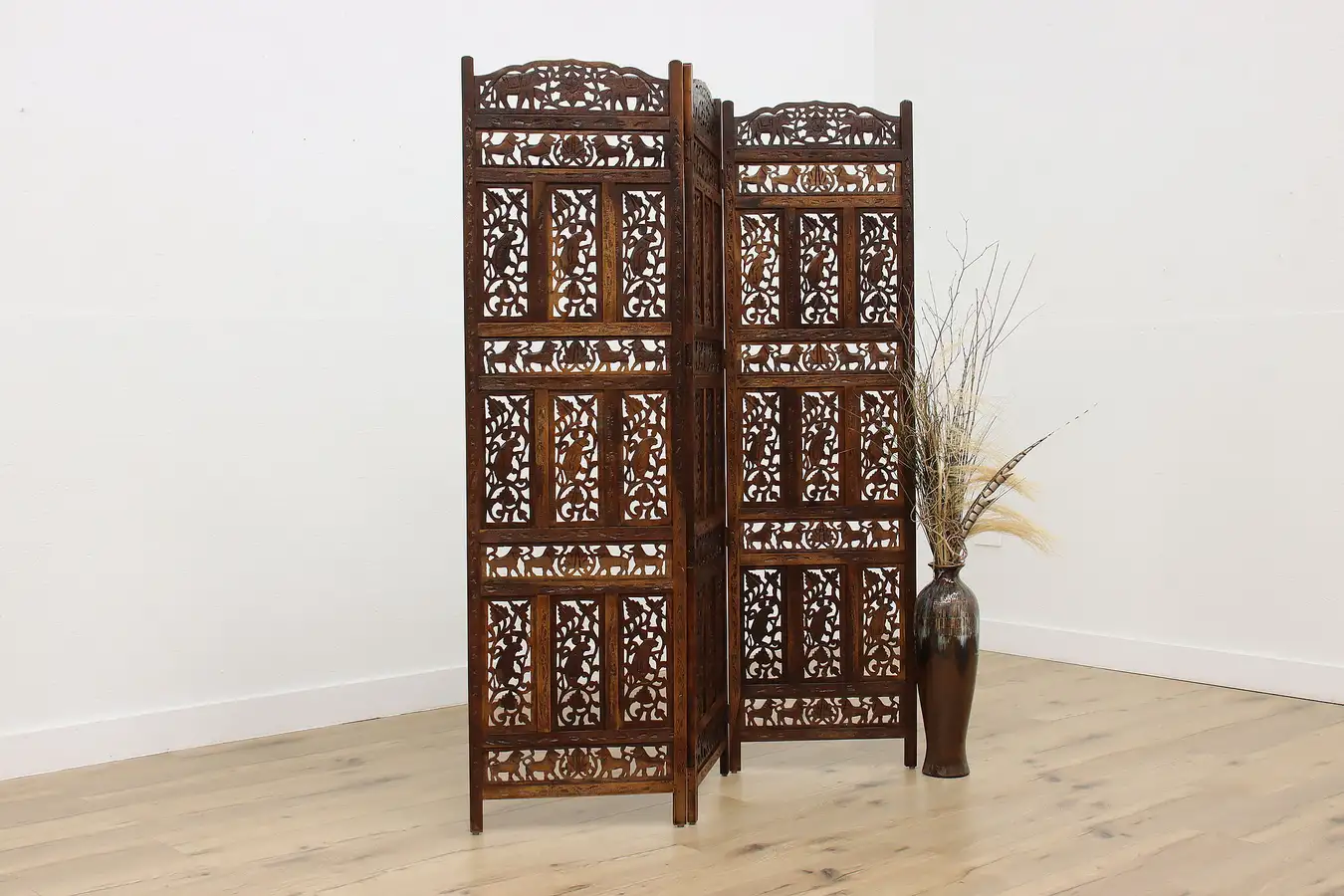 Main image of Indian Antique Carved Teak 3 Panel Folding Screen
