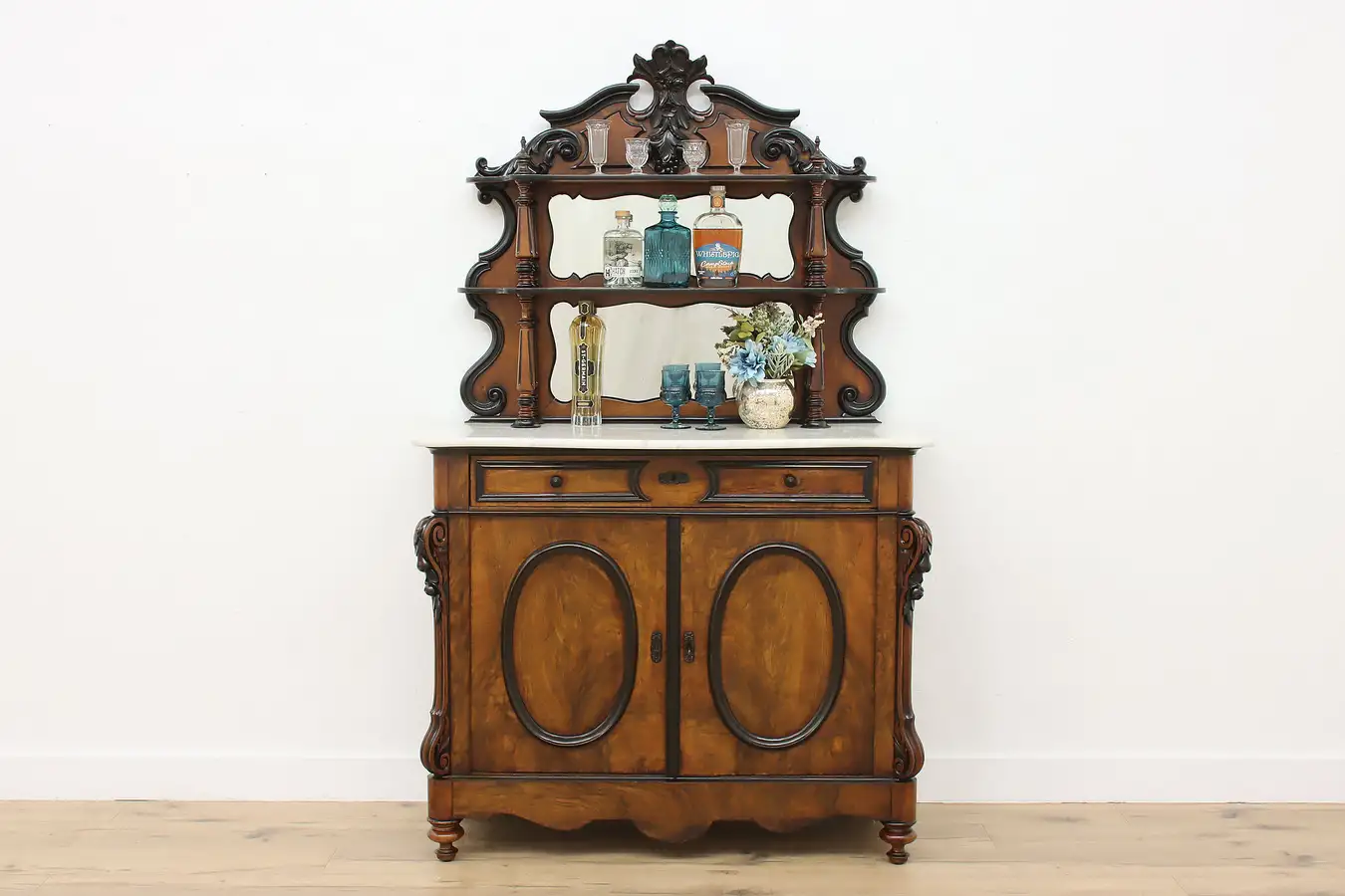 Main image of Victorian Antique Carved Walnut Marble Sideboard Bar Cabinet