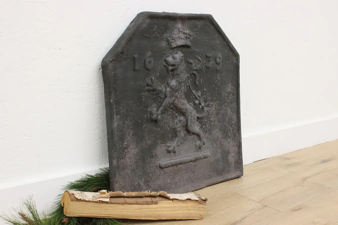 Main image of English Antique 1639 Cast Iron Fireplace Hearth Fireback