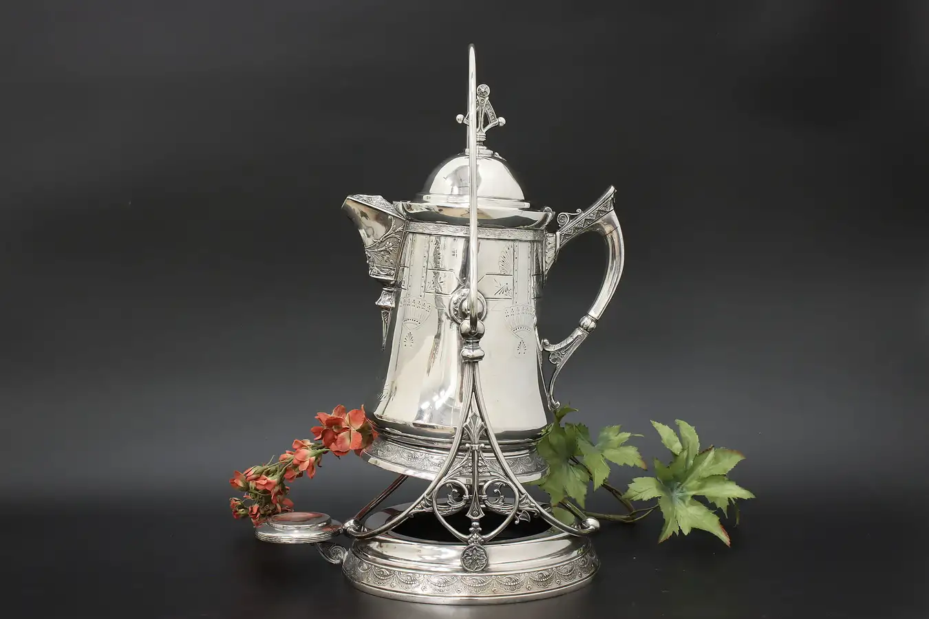 Main image of Victorian 1881 Antique Silverplate Water Kettle, Stand Derby