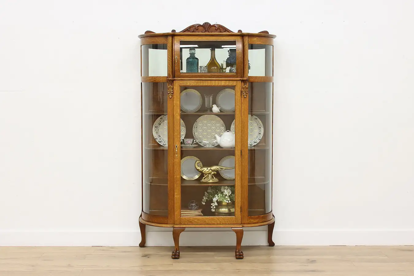 Main image of Victorian Antique Oak Curved Glass China Curio Cabinet