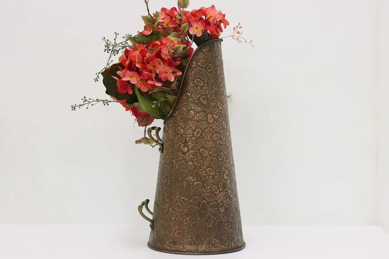 Main image of Farmhouse Antique Oak & Acorn Copper Fireplace Coal Scuttle