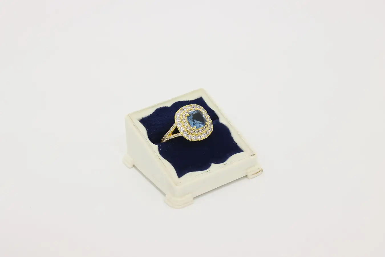 Main image of Gold Tone Blue & Clear Stone Cocktail Ring – Size 6