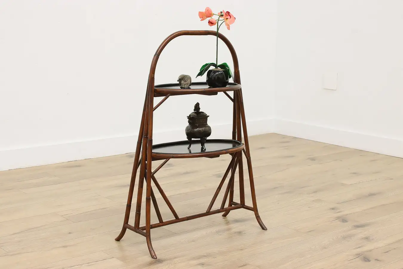 Main image of Asian Vintage Hand Painted Bamboo Chairside Dessert Stand