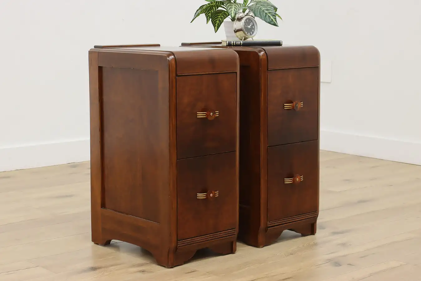 Main image of Pair of Art Deco Waterfall Walnut Nightstands or Side Tables