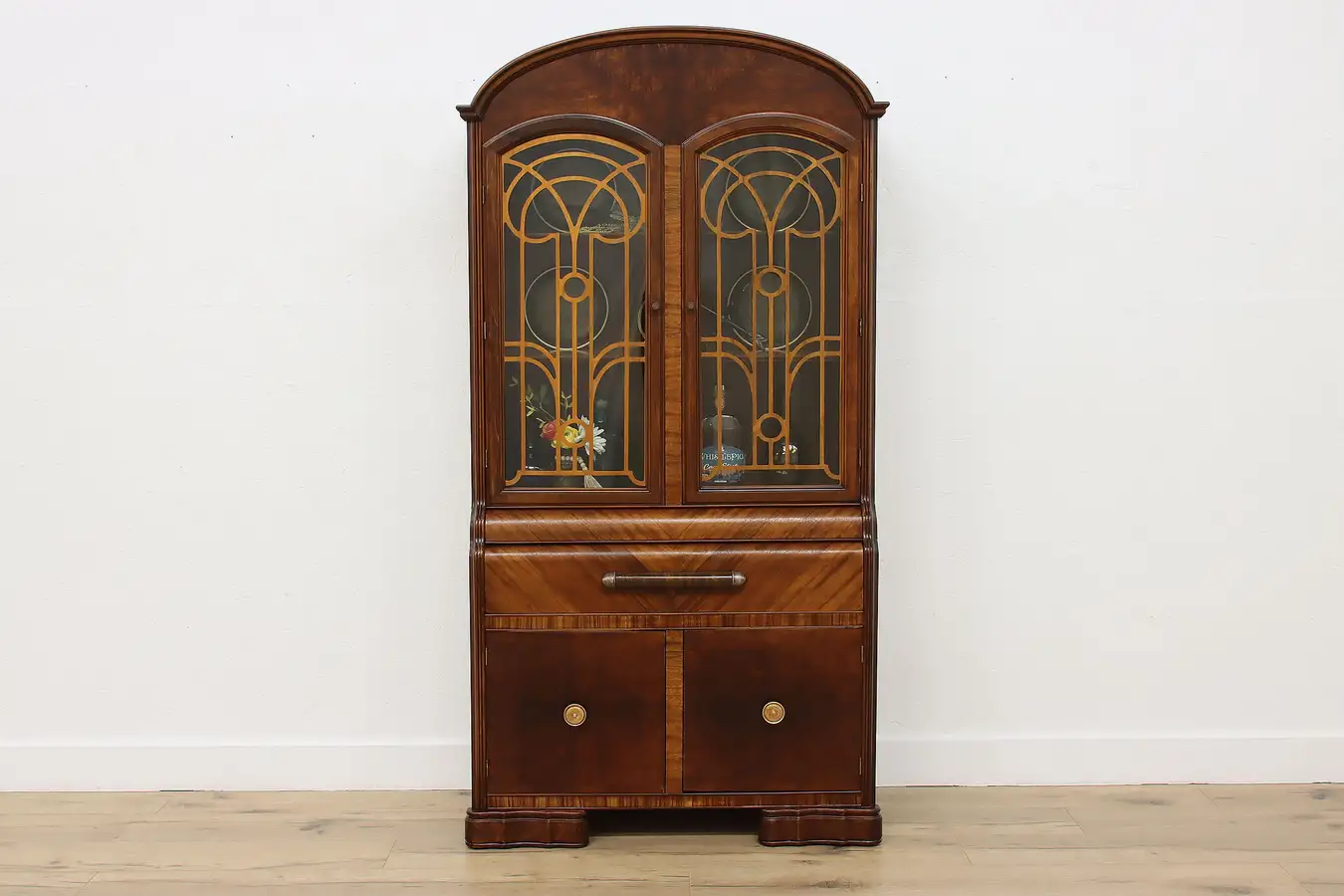 Main image of Art Deco Vintage Walnut Waterfall China Bar Display Cabinet