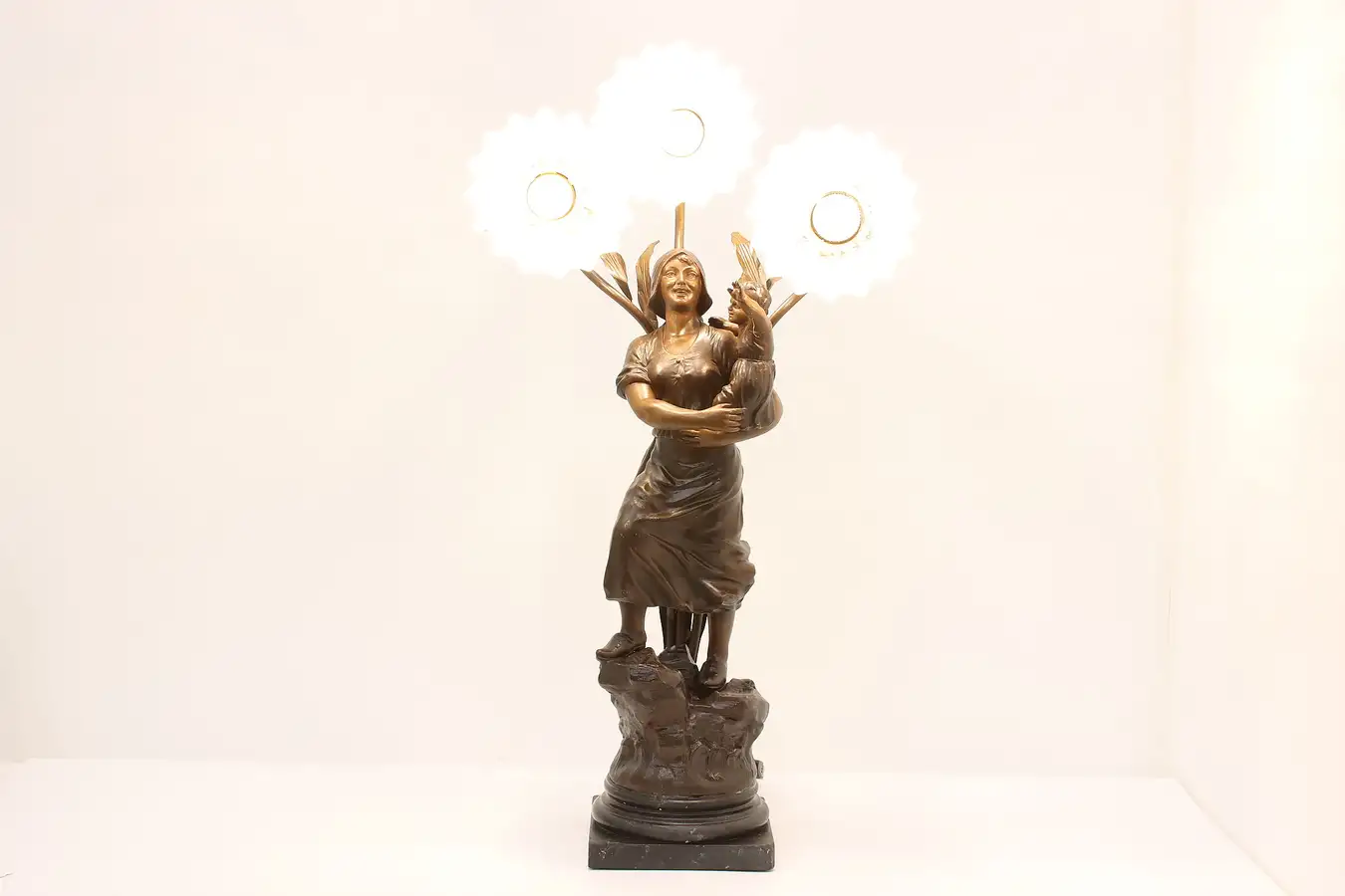 Main image of Victorian Antique Mother & Baby Sculpture on Marble Lamp