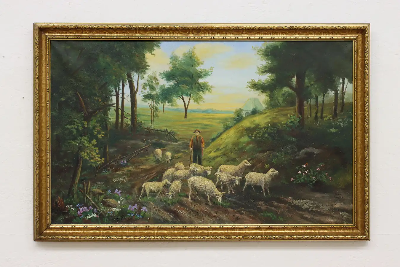 Main image of Herding Sheep Flock Antique Original Oil Painting Becker 40"