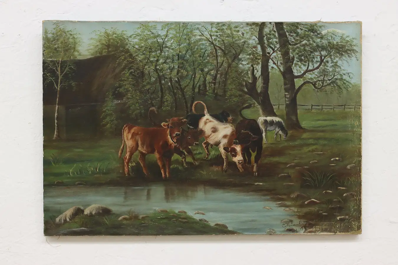 Main image of Cows in Springtime Antique Original Oil Painting Gamble 25"