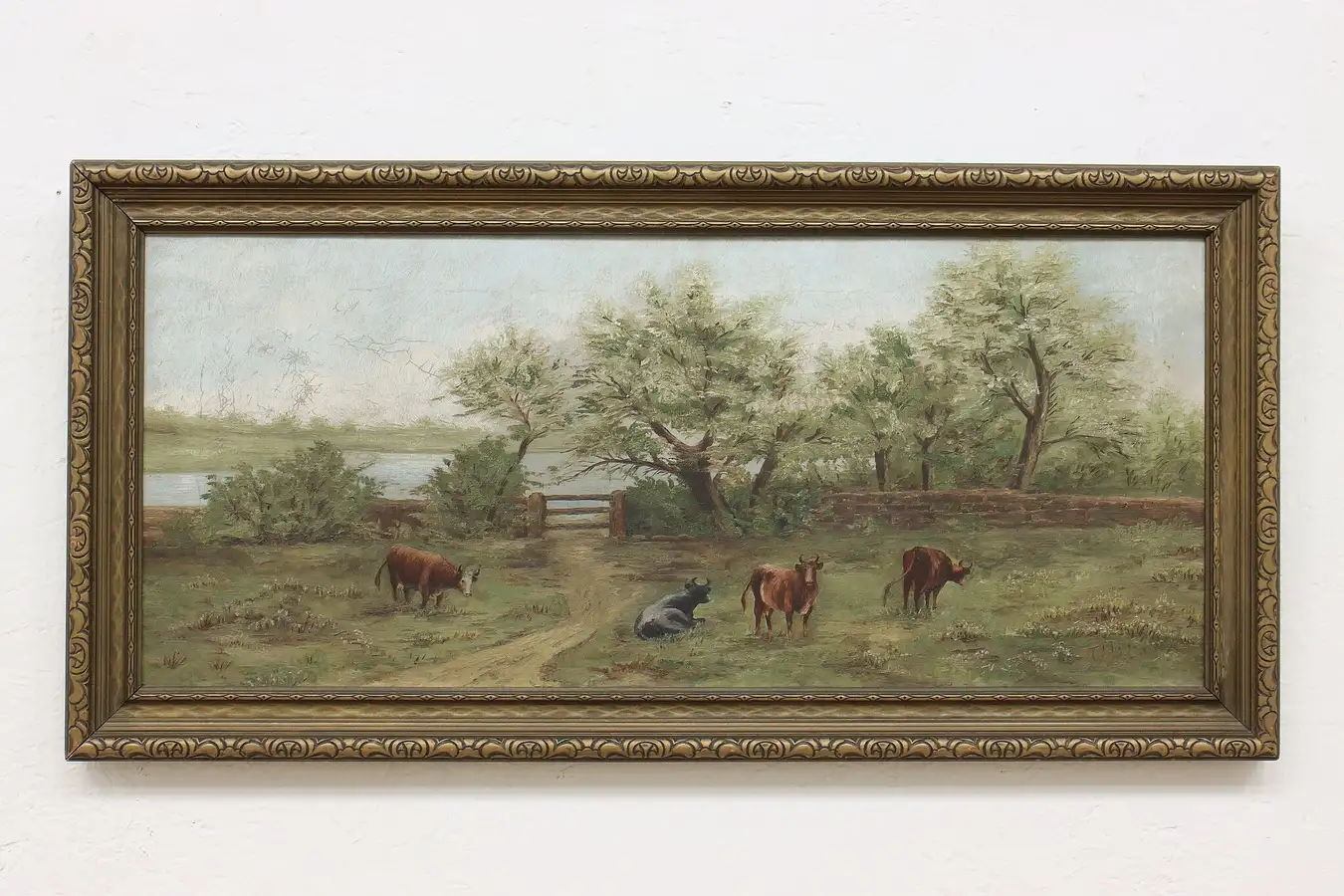Main image of Cows Out to Pasture Antique Original Oil Painting 33.5"