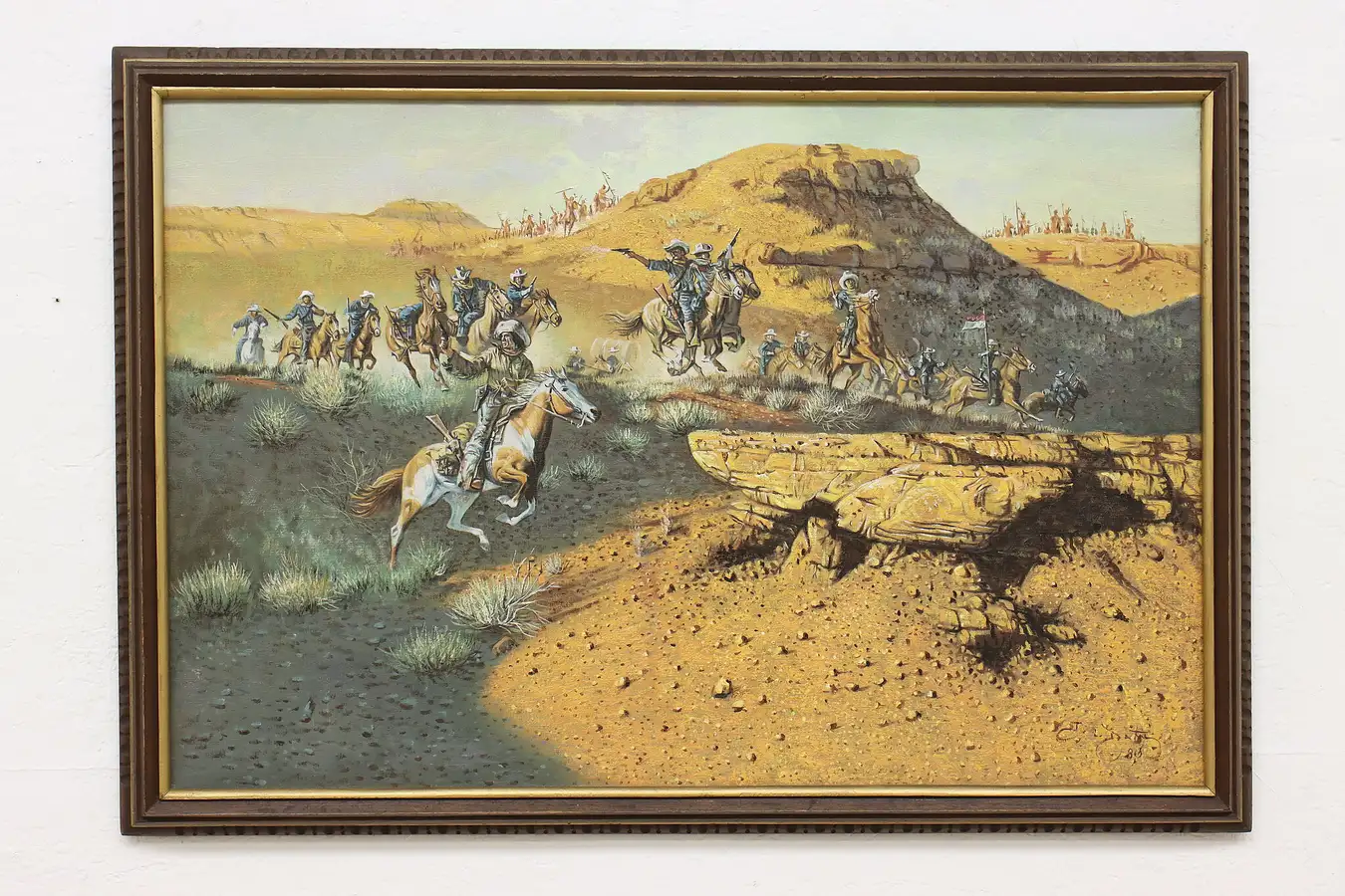 Main image of Wild West Battle Antique Original Oil Painting Signed 39.5"