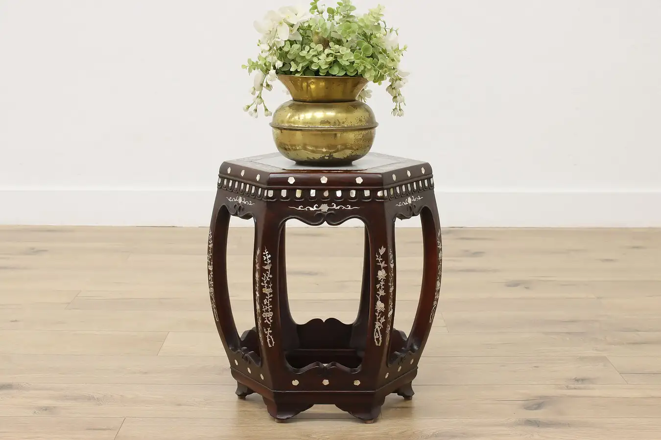 Main image of Chinese Vintage Rosewood Plant or End Table Pearl & Marble