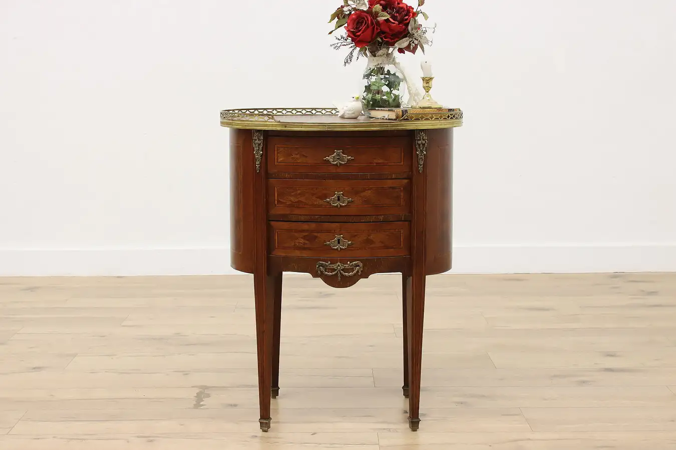 Main image of French Antique Mahogany Marquetry Oval Nightstand End Table