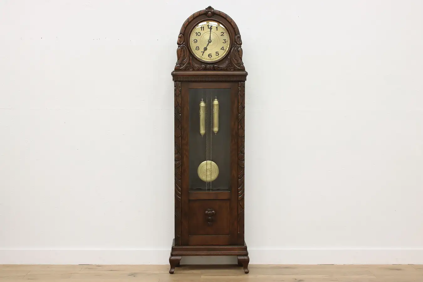 Main image of Art Deco Antique Carved Oak German Grandfather Clock, Becker