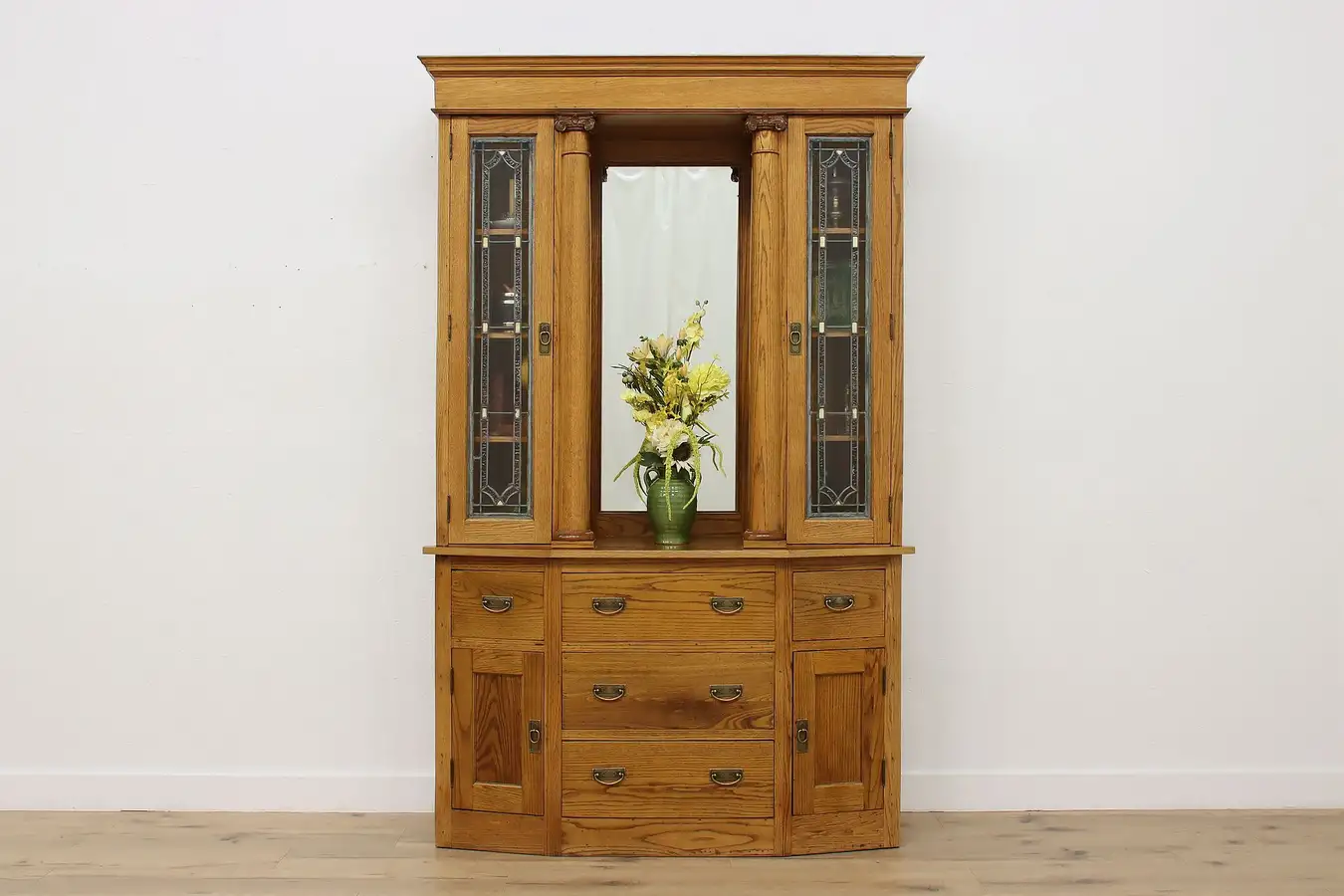 Main image of Arts & Crafts Antique Oak Display Bar Cabinet Leaded Glass