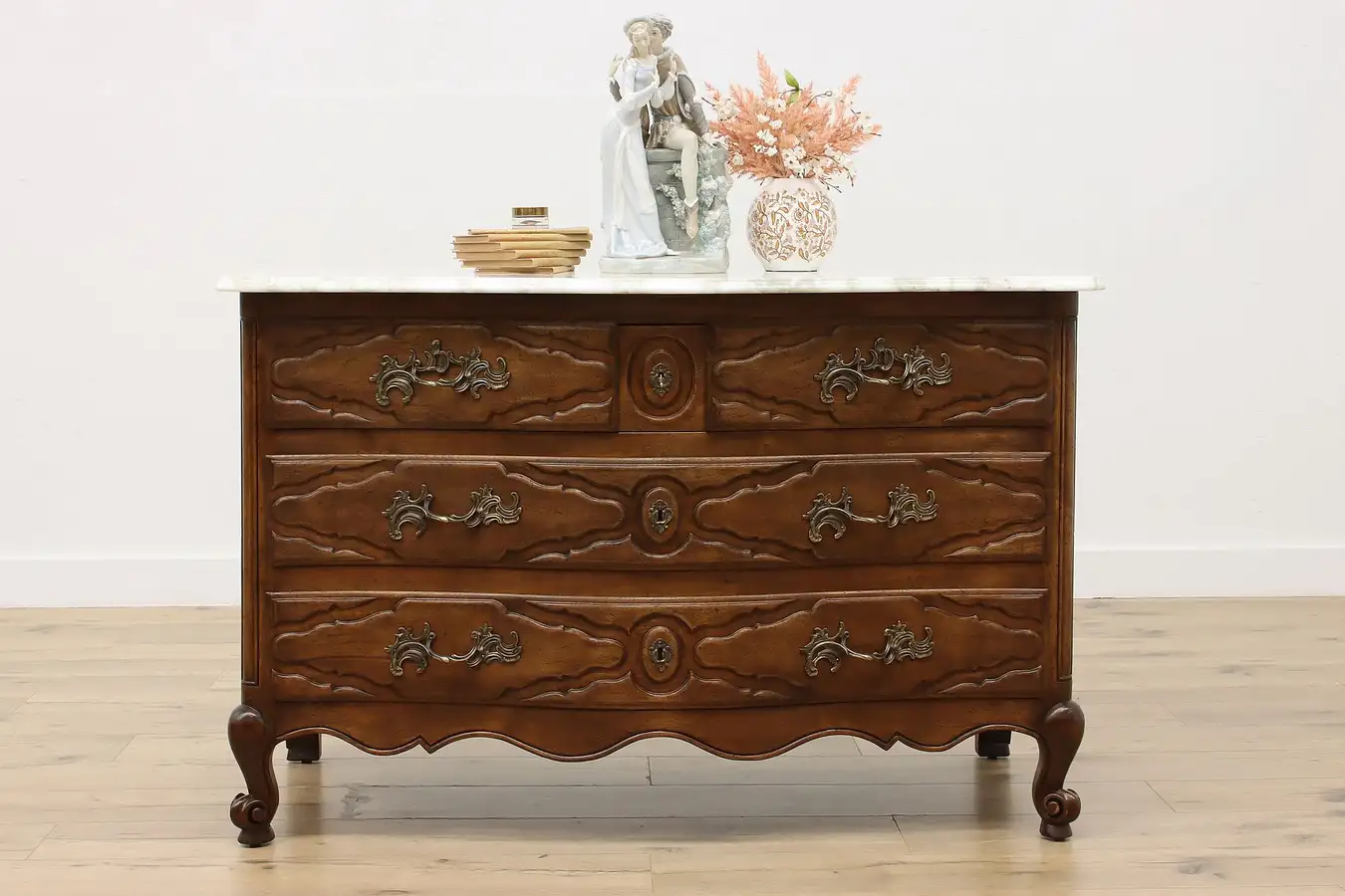 Main image of French Vintage Carved Walnut Dresser or Chest, Marble Top