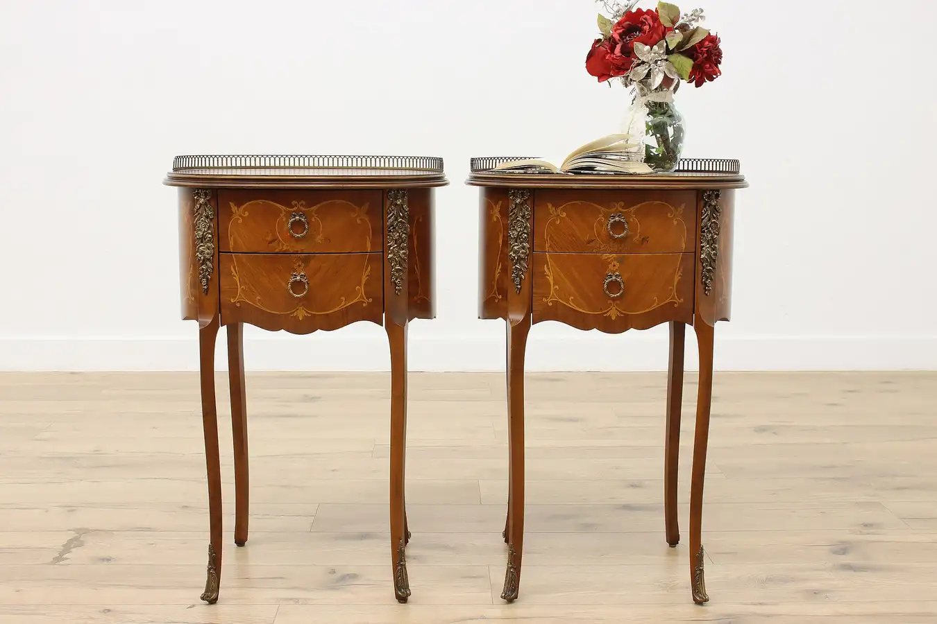 Main image of Pair French Antique Mahogany & Inlay Nightstands End Tables