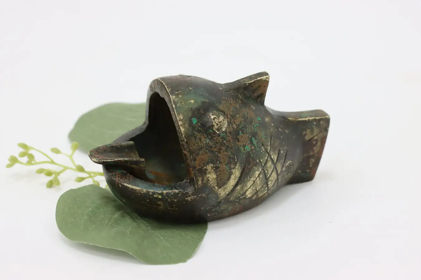 Main image of Asian Vintage Brass Fish Incense Burner Ash Tray Signed