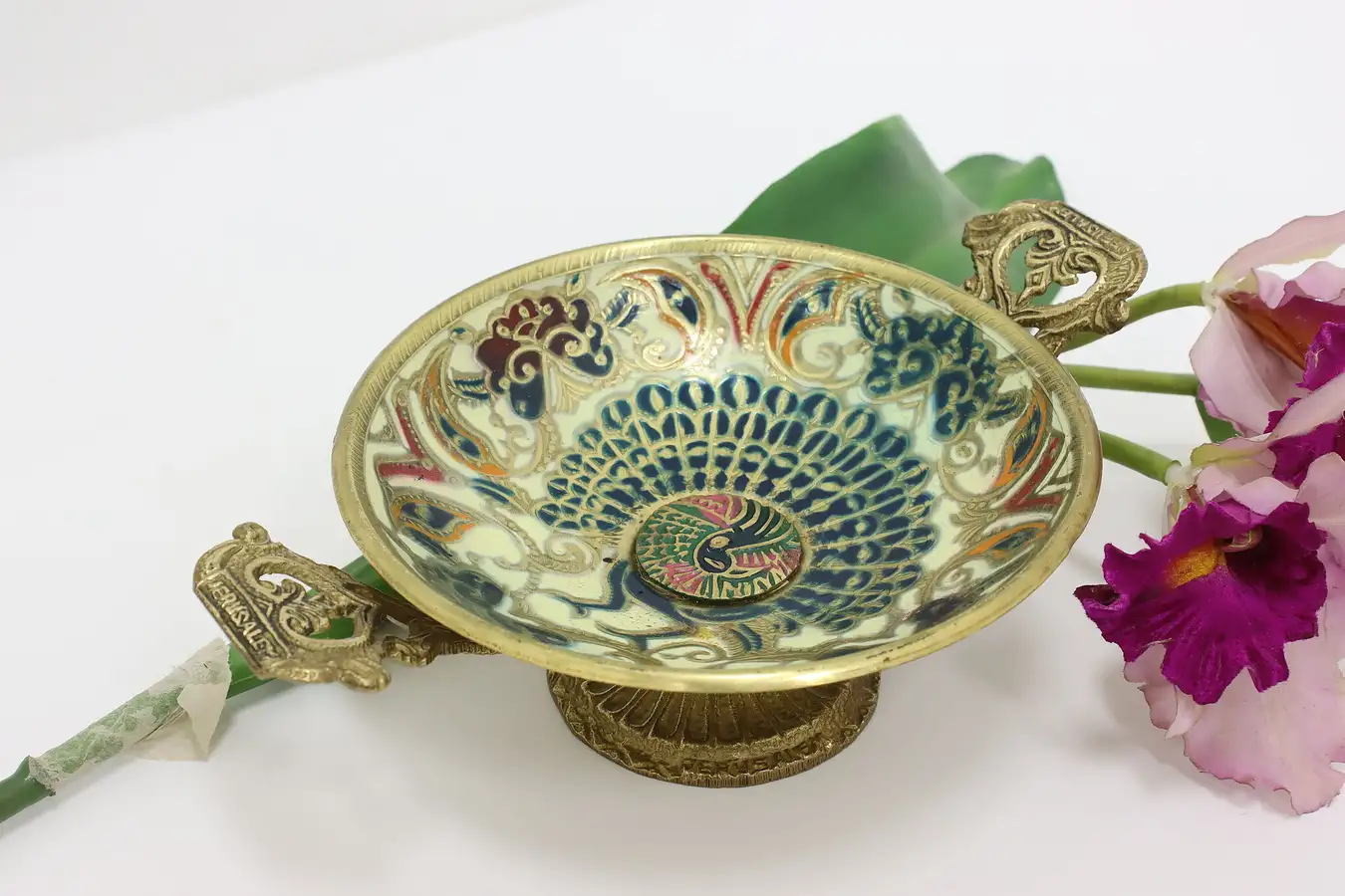 Main image of Brass Vintage Enameled Tazza or Jewelry Dish Jerusalem