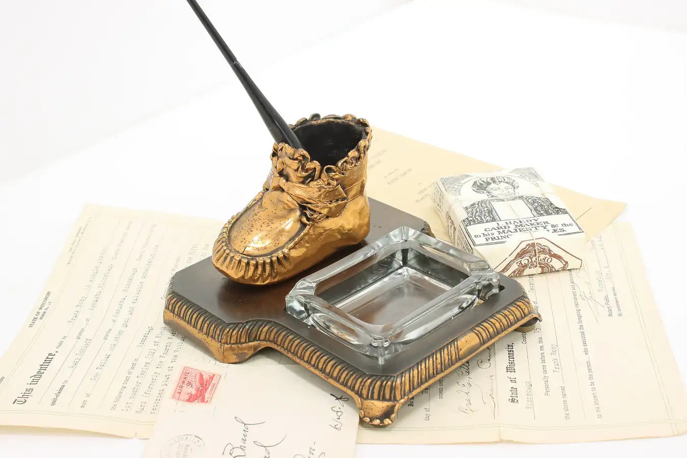 Main image of Desktop Antique Copper Baby Shoe & Glass Ashtray Le Mason