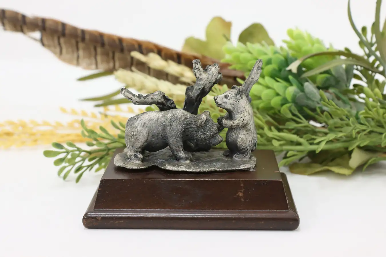 Main image of Playing Bear Cubs Vintage Pewter Sculpture on Maple Base