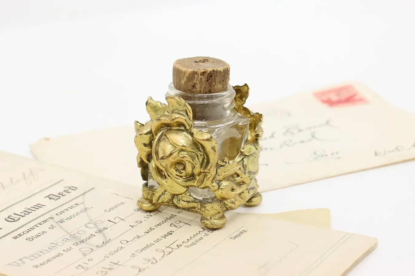 Main image of Victorian Antique Gilt Rose Desktop Office Library Inkwell