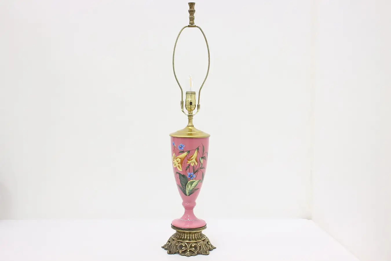 Main image of Victorian Antique Hand Painted Pink Bristol Glass Lamp