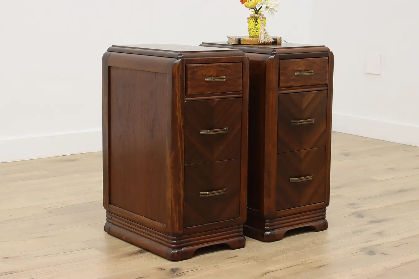 Main image of Pair of Art Deco Vintage Walnut Nightstands End Side Tables