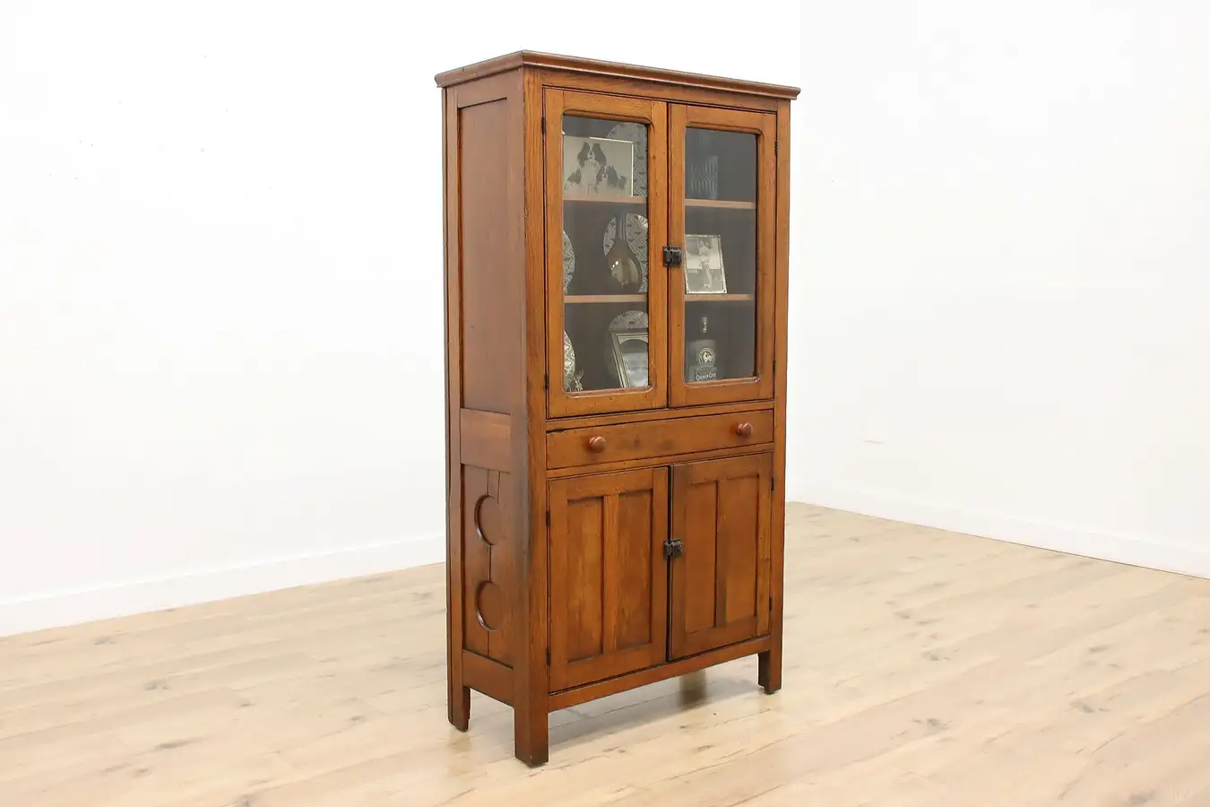 Main image of Farmhouse Antique Oak Kitchen Cupboard or Display Cabinet