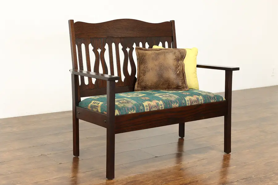 Photo of Arts & Crafts Mission Oak 1910 Antique Craftsman Hall Bench Loveseat
