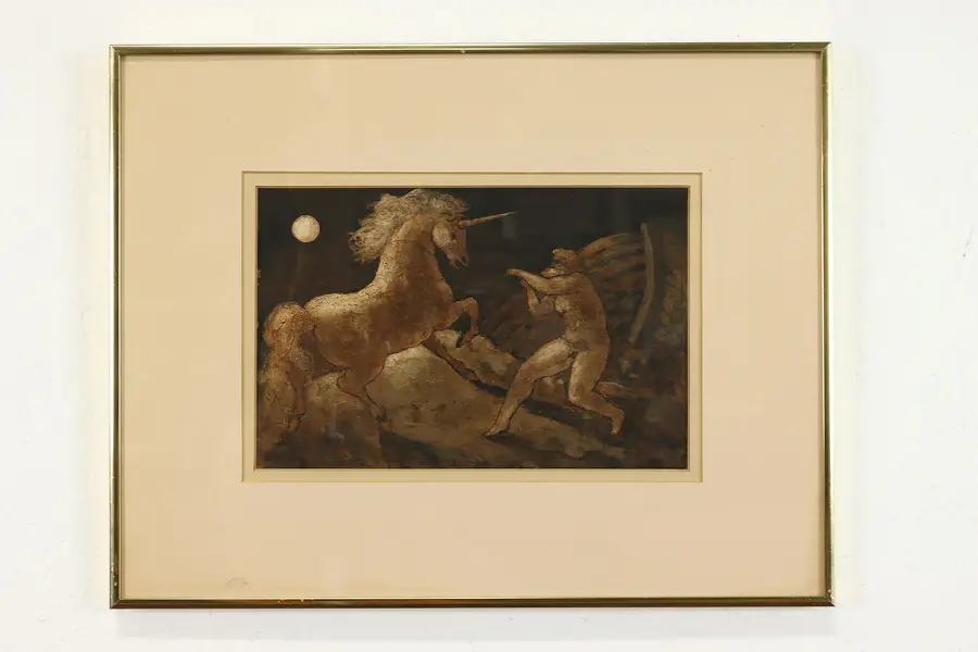 Photo of "Noah Roping a Unicorn" Vintage Original Oil Painting, Burdick 18.5"