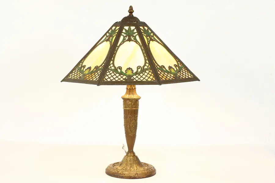 Photo of Panel Shade Stained Glass Antique Table or Desk Lamp, Salem Brothers