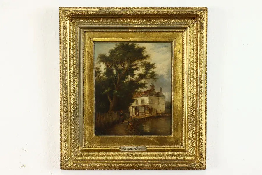 Photo of House & Canal Antique Victorian English Original Oil Painting Moore 20.5"