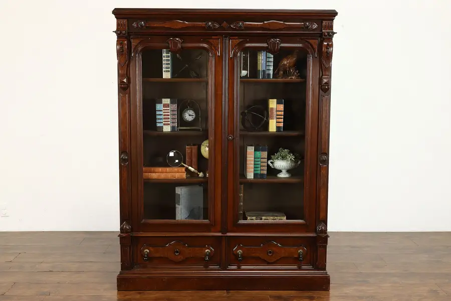 Photo of Victorian Eastlake Antique Walnut & Burl Office or Library Bookcase