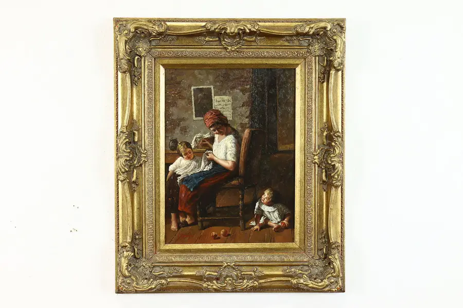 Photo of Mother and Children Vintage Original Oil Painting, Benaglio 24.5"