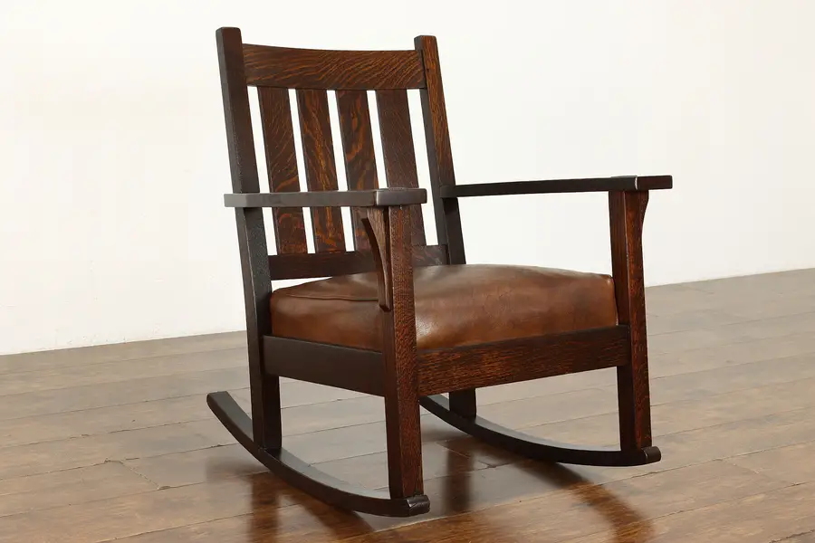 Photo of Arts & Crafts Mission Oak Antique Rocker Craftsman Rocking Chair, Leather