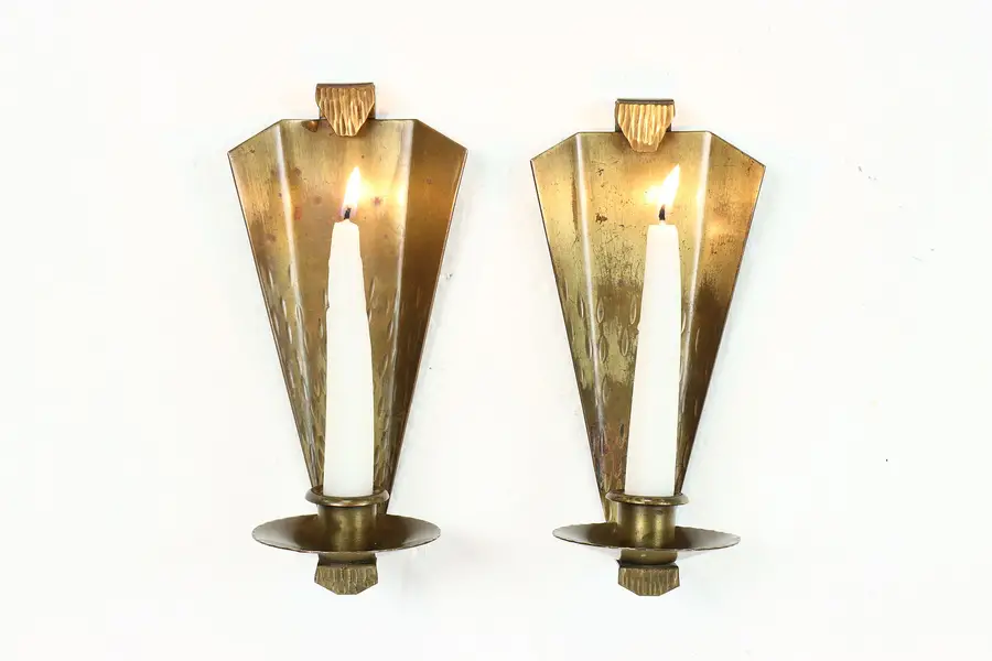 Photo of Pair of Arts & Crafts Mission Antique Brass Candle Wall Sconces, Roycroft