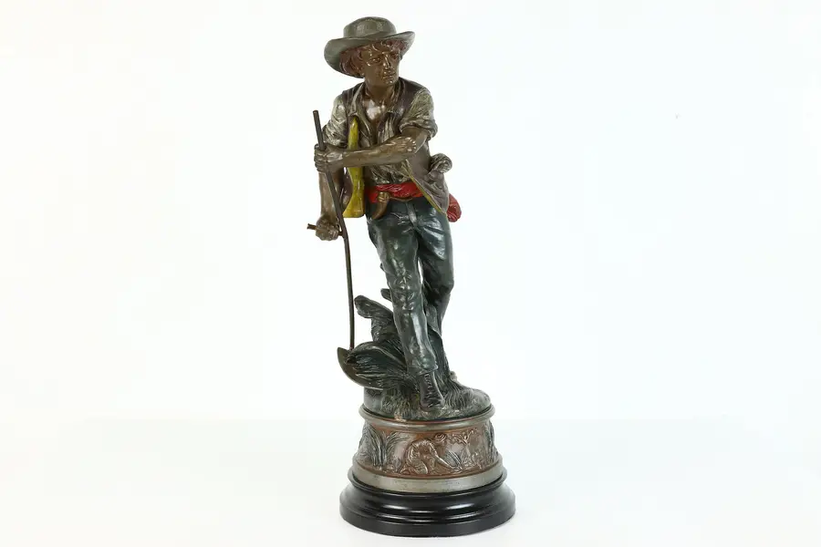 Photo of Victorian Antique Spelter Statue of Farmer Reaping Wheat, Figures on Base