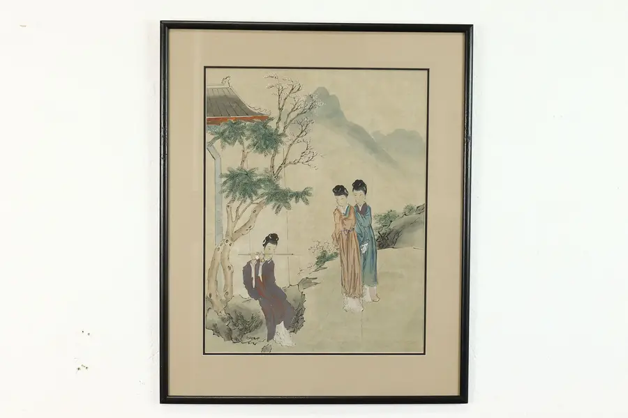 Photo of Japanese Women & Flutist Antique Original Watercolor Painting, 23"