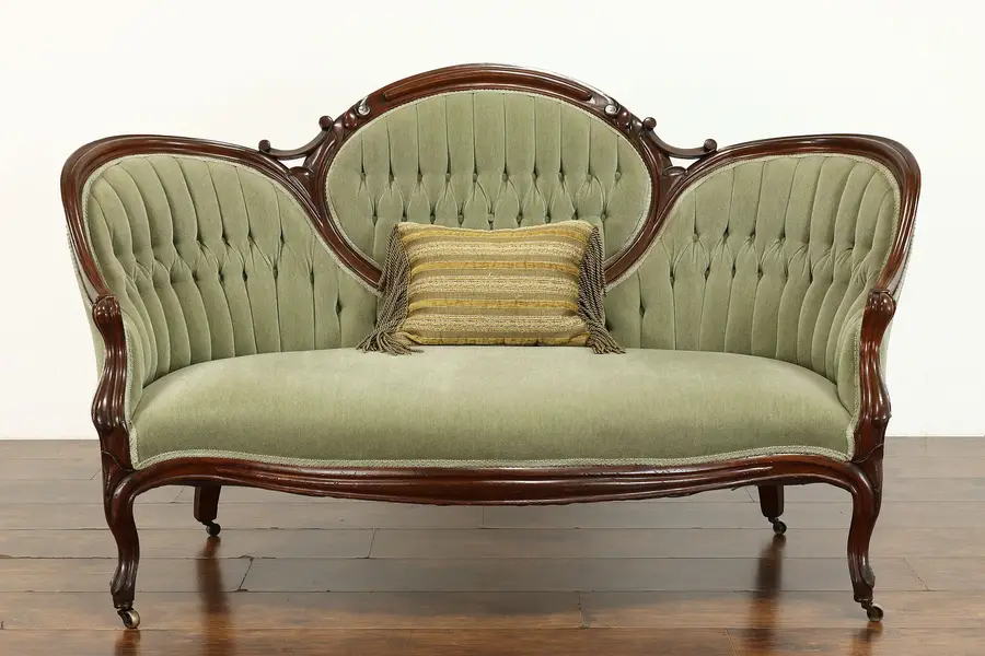 Photo of Victorian Antique Carved Walnut Loveseat or Small Sofa, Mohair Upholstery