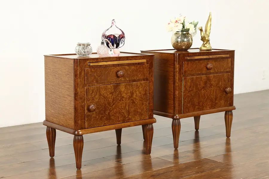 Photo of Pair of Art Deco Vintage Scandinavian Maple & Burl Nightstands End Tables