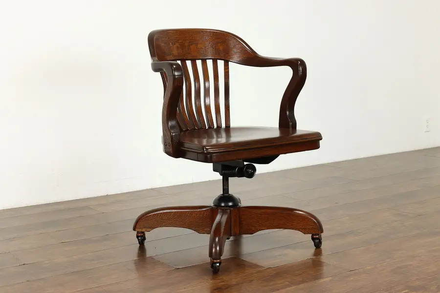 Photo of Oak Quarter Sawn Vintage Swivel & Adjustable Office or Library Desk Chair