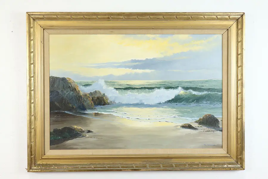 Photo of Pacific Cove & Ocean Waves Original Vintage Oil Painting, M. Lau 44.5"